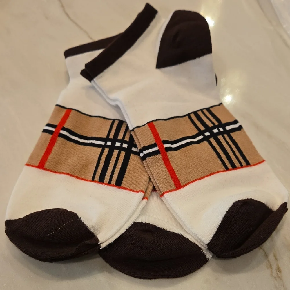 Unisex Designer Inspired Brown Toe Iconic Black Tan White Check  Socks 3pr New